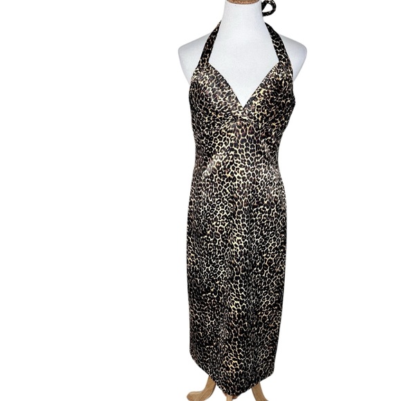 Pinup Couture Leopard Print Wiggle Dress Tie Neck Halter Large - Picture 2 of 11